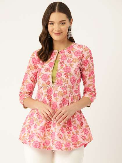 Jaipur Morni Floral Printed Sequinned Pure Cotton Pleated Kurti