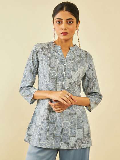 Soch Grey Ethnic Motifs Printed Mandarin Collar A-Line Kurti
