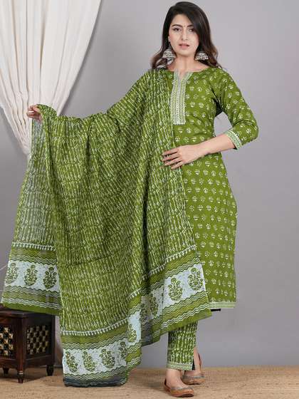 ZOYOTO Ethnic Motifs Printed Gotta Patti Pure Cotton Straight Kurta & Trouser With Dupatta