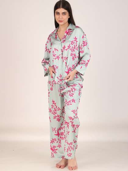 Masha Women Pink
                          Leaves Oversized Satin Night Suit