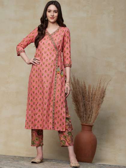 FASHOR Pink Floral Printed V-Neck Angrakha Mirror Work Pure Cotton Kurta With Trousers