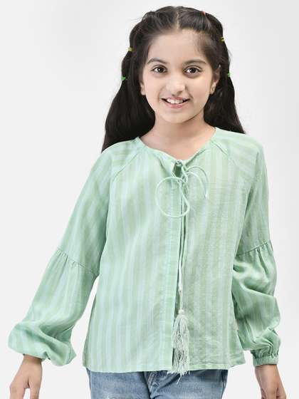 Crimsoune Club Girls
                      Vertical Striped Tie Up Neck Puff Sleeve Regular
                      Top