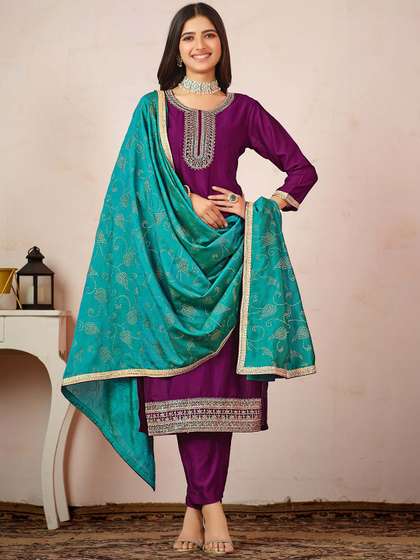 Sangria X fwd Magenta Ethnic Motifs Embroidered Straight Kurta & Trouser & Dupatta