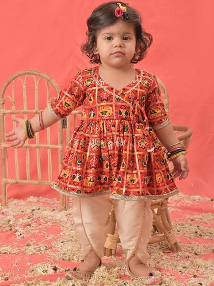 VASTRAMAY Girls Ethnic
                    Motifs Printed Angrakha Kurta With Dhoti Pants
