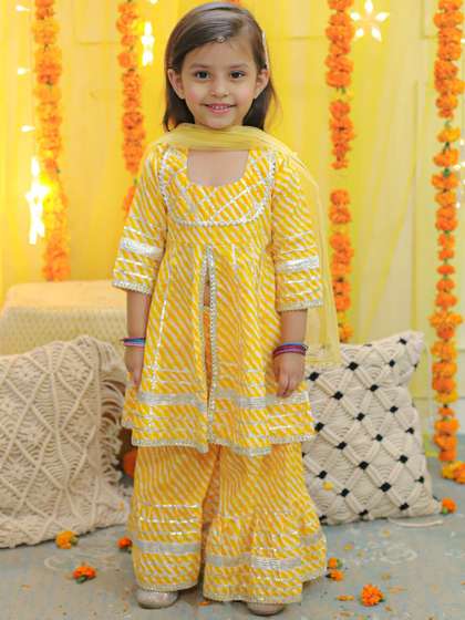 BownBee Girls Leheriya
                      Printed Gotta Patti Pure Cotton A-Line Kurta with
                      Sharara & Dupatta