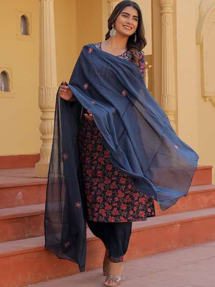 KALINI Floral Printed Thread Work Pure Cotton Kurta with Salwar & Dupatta