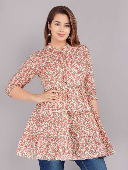 JC4U Floral Printed Tie-Up Neck Cotton Anarkali Kurti