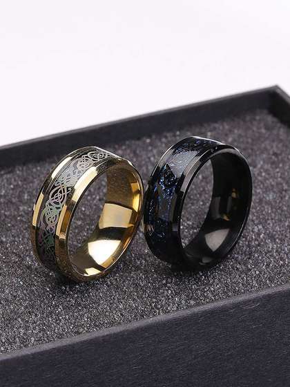 Yellow Chimes Men Set Of
                    2 Dragon Celtic Inlay Polish Finish Titanium Finger
                    Rings