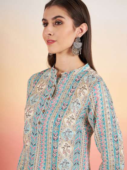 Sangria Ethnic Motifs Printed Band Collar Cotton Straight Kurta