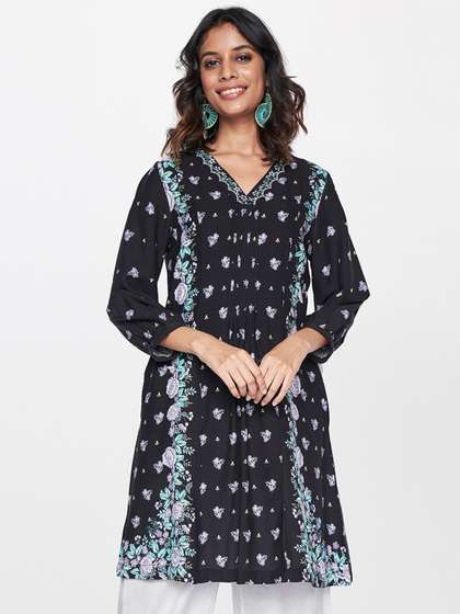 Global Desi Floral Printed V-Neck Puff Sleeves A-Line Kurta