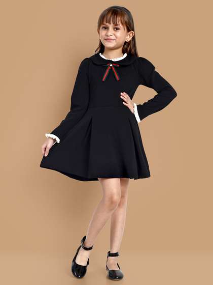 Lazy Shark Girls Round
                    Neck Long Sleeves Monochrome Bow A-Line Dress