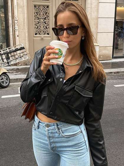StyleCast Black
                        Spread Collar Crop Leather Jacket
