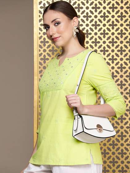 House of Pataudi Jashn Pure Cotton Thread Work Floral Embroidered Mirror Work Short Kurti