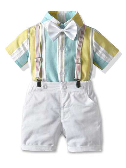 StyleCast Boys Blue
                      & White Striped Shirt With Shorts &
                      Suspenders