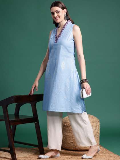 Sangria Geometric Printed Mirror Work Kurta