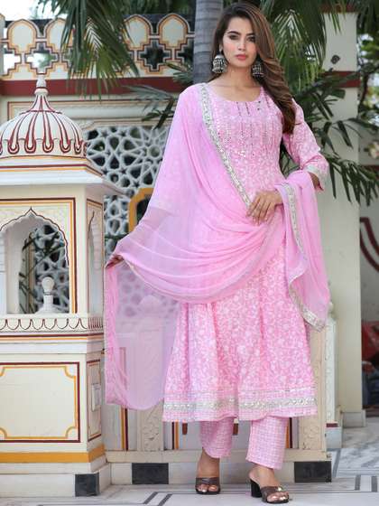 SINGNI Floral Printed Mirror Work Anarkali Kurta & Trousers With Dupatta