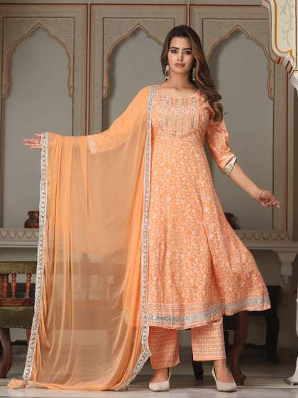 SINGNI Floral Printed Mirror Work Anarkali Kurta & Trousers With Dupatta