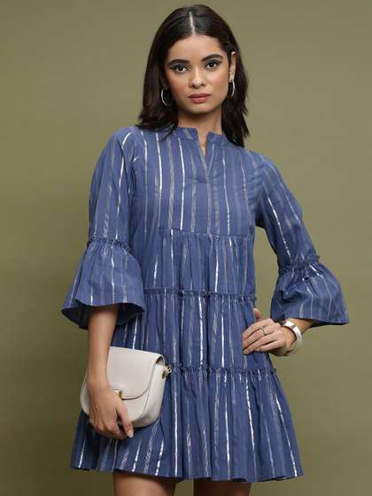 Vishudh Striped
                        Mandarin Collar Bell Sleeves Cotton A-Line
                        Dress