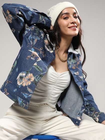Campus Sutra Blue
                        Floral Printed Windcheater Cotton Denim Jacket