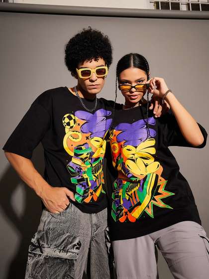 MASCLN SASSAFRAS Unisex Black Graphic Printed Pure Cotton Oversized T-shirt