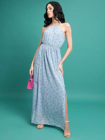 Tokyo Talkies Blue
                        Floral Printed Halter Neck Maxi Dress