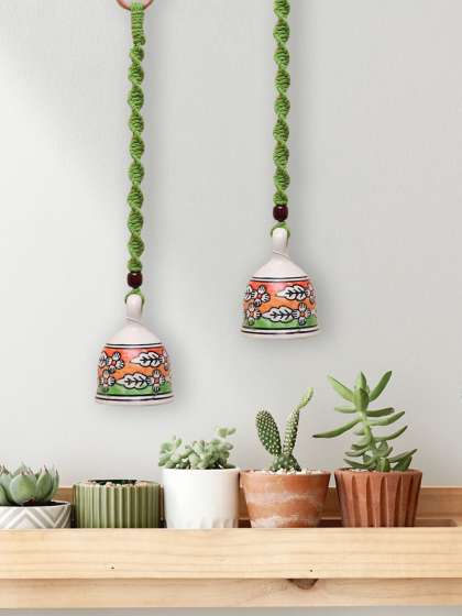 Gathari White & Green 2 Pieces Self Designed Ceramic Hanging Bell Wall Decor