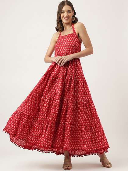 KALINI Floral
                        Printed Halter Neck Tiered Cotton Fit &
                        Flare Maxi Ethnic Dress