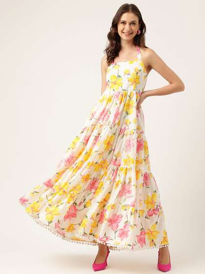 KALINI Tie and Dye
                        Printed Halter Neck Gathered Tiered Cotton Maxi
                        Dress