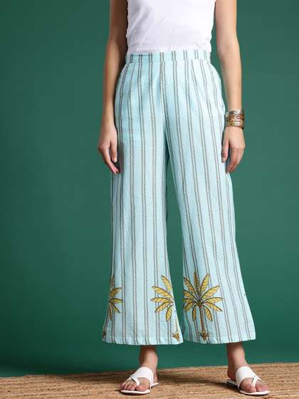 Sangria Women Cotton Striped Wide Leg Palazzos