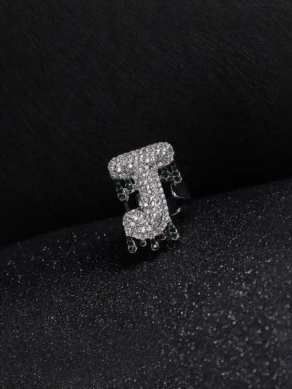 French Accent Men
                    Silver-Plated Stone Studded J Alphabet Ring
