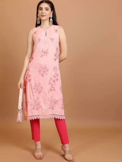 Vishudh Floral Printed Sleeveless Straight Kurta