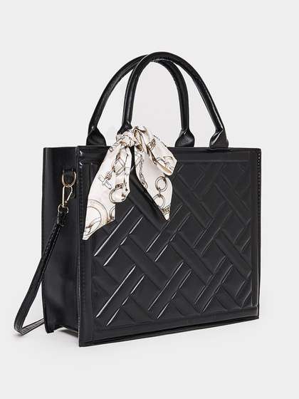 Styli Black Solid Textured Structured Tote Bag With Scarf