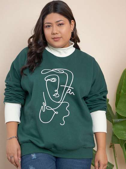 CURVY STREET Plus
                        Size Green Graphic Printed High Neck Cotton
                        Pullover Sweatshirt