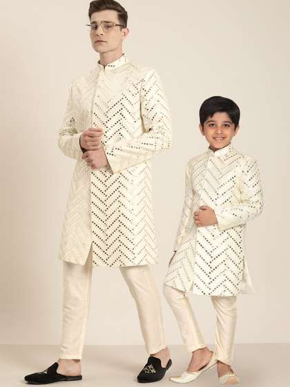 VASTRAMAY
                          Embroidered Mandarin Collar Mirror Work Slim
                          Fit Sherwani Set