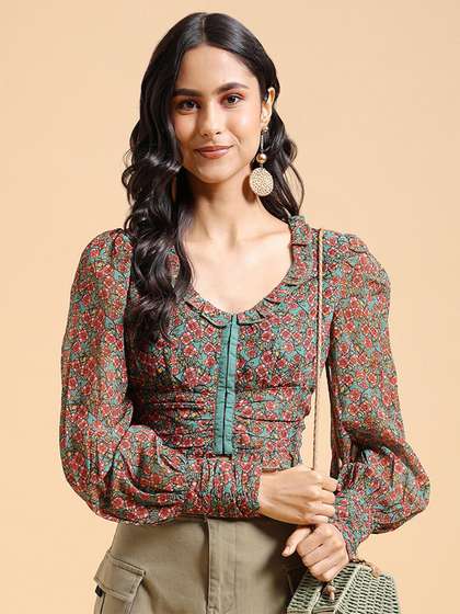 Tokyo Talkies Green
                      Floral Printed Puff Sleeves Ruffles Crop Top