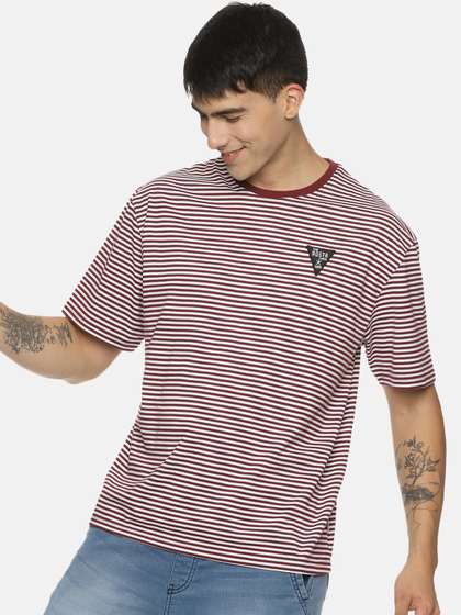 Roadster The Lifestyle Co. Burgundy Striped Oversized Cotton Tshirts