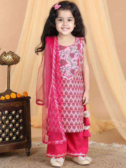 Sangria Girls Floral
                    Printed Pure Cotton Round Neck Kurta With Palazzos
                    & Dupatta