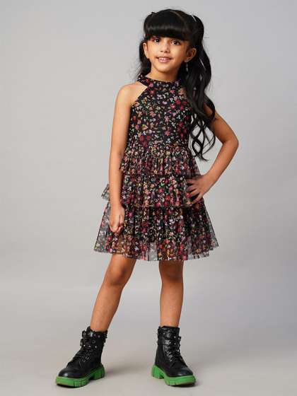 LIL DRAMA Girls Floral
                    Printed Choker Neck Georgette Cut Out Layered Fit
                    & Flare Dress