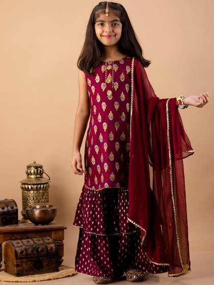 BAESD Girls Ethnic
                    motifs Printed Regular Gotta Patti Kurta With
                    Sharara & Dupatta