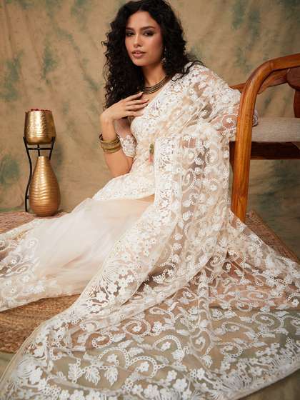 Sangria Floral Embroidered Net Saree