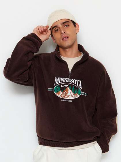 Trendyol Unisex Graphic Printed Mock Collar Half Zipper Pullover Sweatshirt