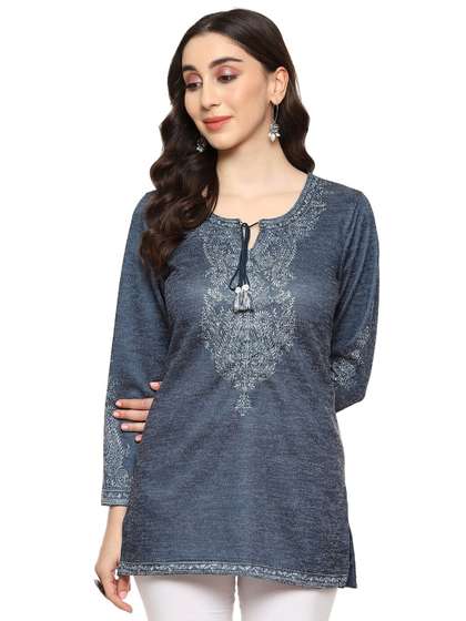 Biba Ethnic Motif Yoke Design Tie-Up Neck Straight Kurti