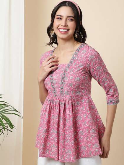 AADAT Floral Printed Square Neck Pleated Pure Cotton A-Line Kurti