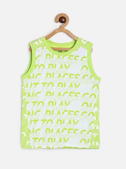 MINI KLUB Boys Typography Printed Sleeveless Pure Cotton T-shirt