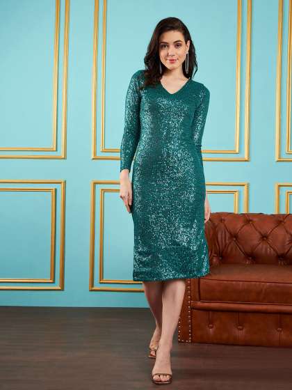 SASSAFRAS V-Neck Embellished Sequined Sheath Dress
