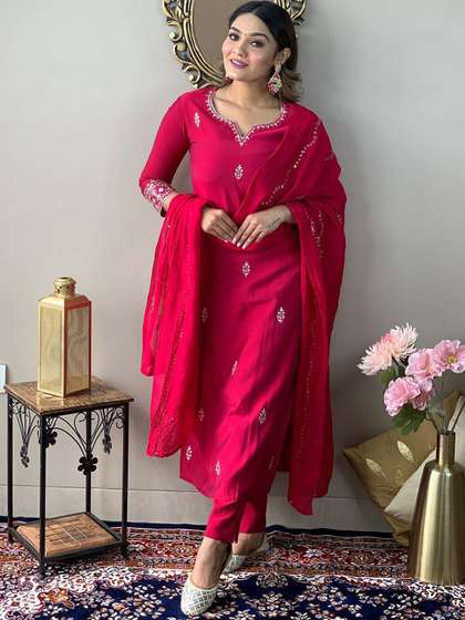 KALINI Ethnic Motifs Embroidered Thread Work Detail Straight Kurta & Trousers With Dupatta