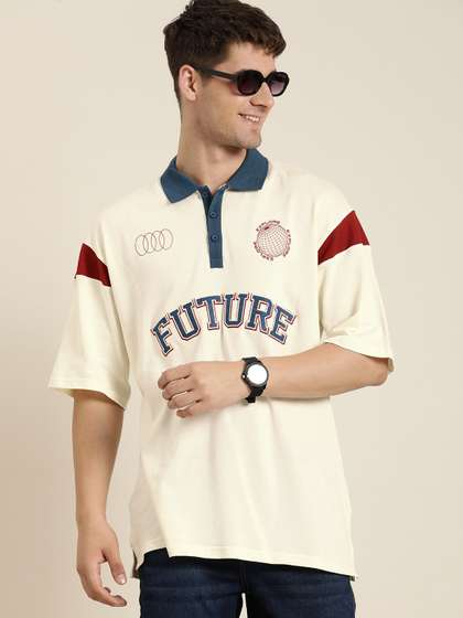 HERE&NOW Men Typography Printed Polo Collar Pure Cotton Oversized T-shirt