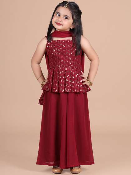 BAESD Girls Ethnic
                      Motifs Embroidered Sequined A-Line Pleated Kurti
                      With Palazzo & Dupatta