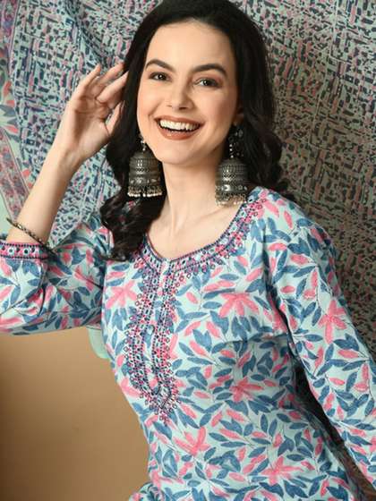 AVYCO Floral Printed Pure Cotton Kurti with Trousers & With Dupatta