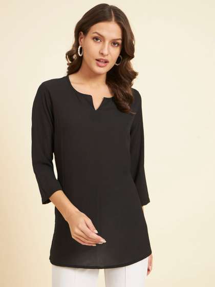 HERE&NOW Notched Neck Pure Cotton Short Kurti